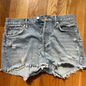 Agolde Blue Distressed Jean Shorts with Frayed Hem